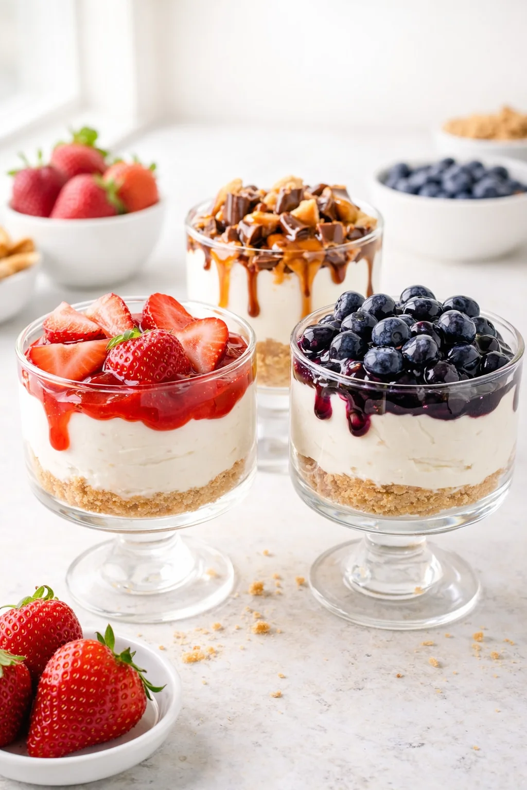 Variation ideas for The Creamiest No-Bake Cheesecake Cups Recipe EVER!! | Rose Bakes shown in a styled layout