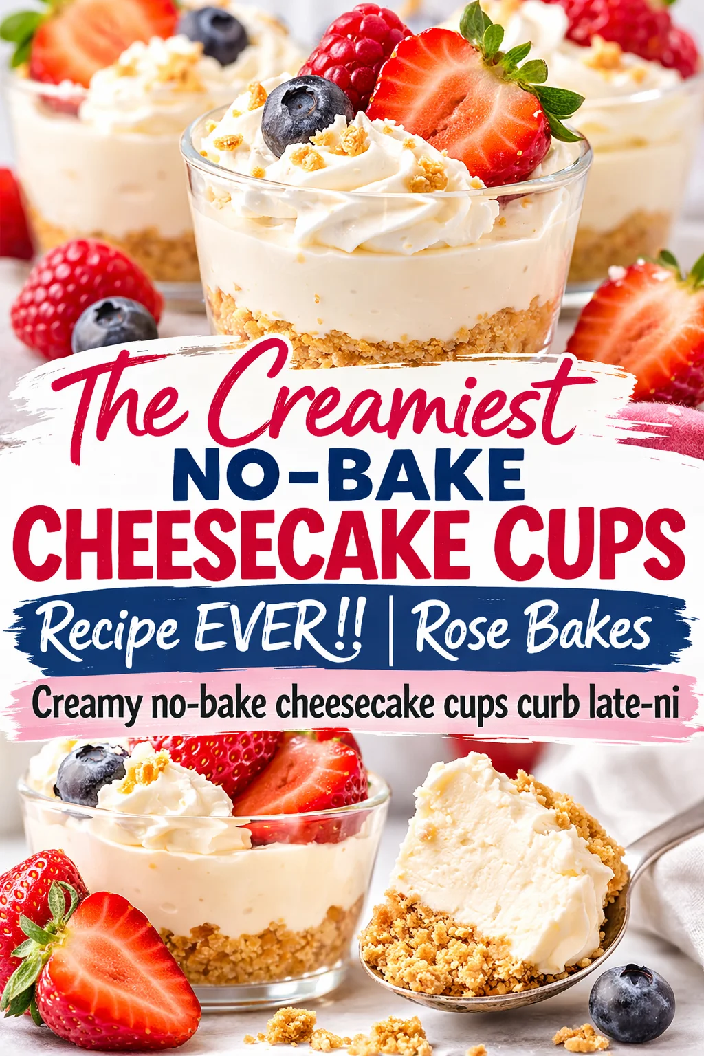 Pinterest-style image for The Creamiest No-Bake Cheesecake Cups Recipe EVER!! | Rose Bakes with centered text overlay