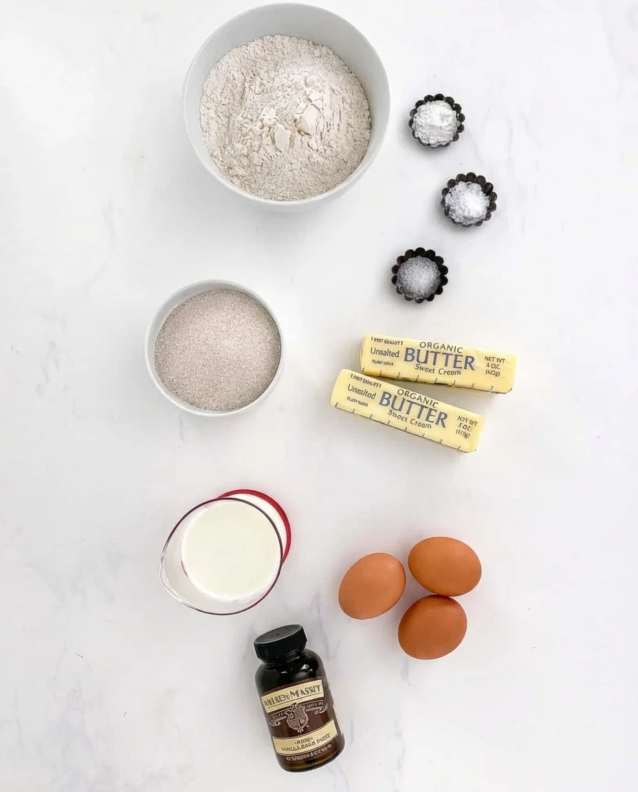 top-down flat lay of baking ingredients with labeled captions on a white marble surface