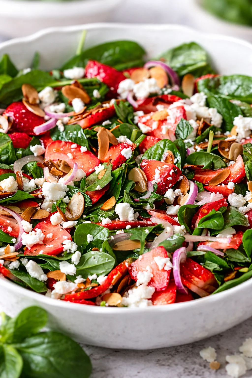 Tight detail shot of Strawberry Spinach Salad | The Mediterranean Dish highlighting texture