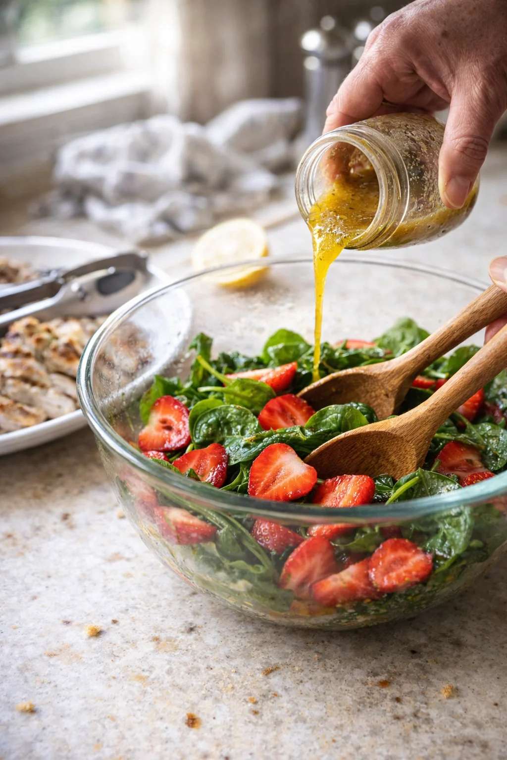 Thin red onion rings and avocado chunks beside a chicken breast grilling and resting.