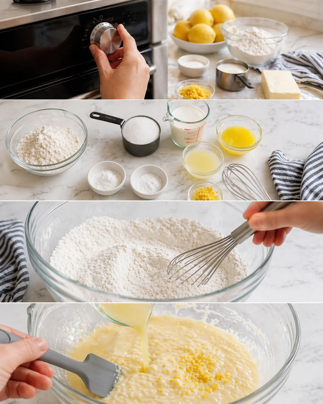 step-process-placeholder-1-4.png Dry ingredients whisked in a large bowl while milk, melted butter, lemon juice, and zest are added.