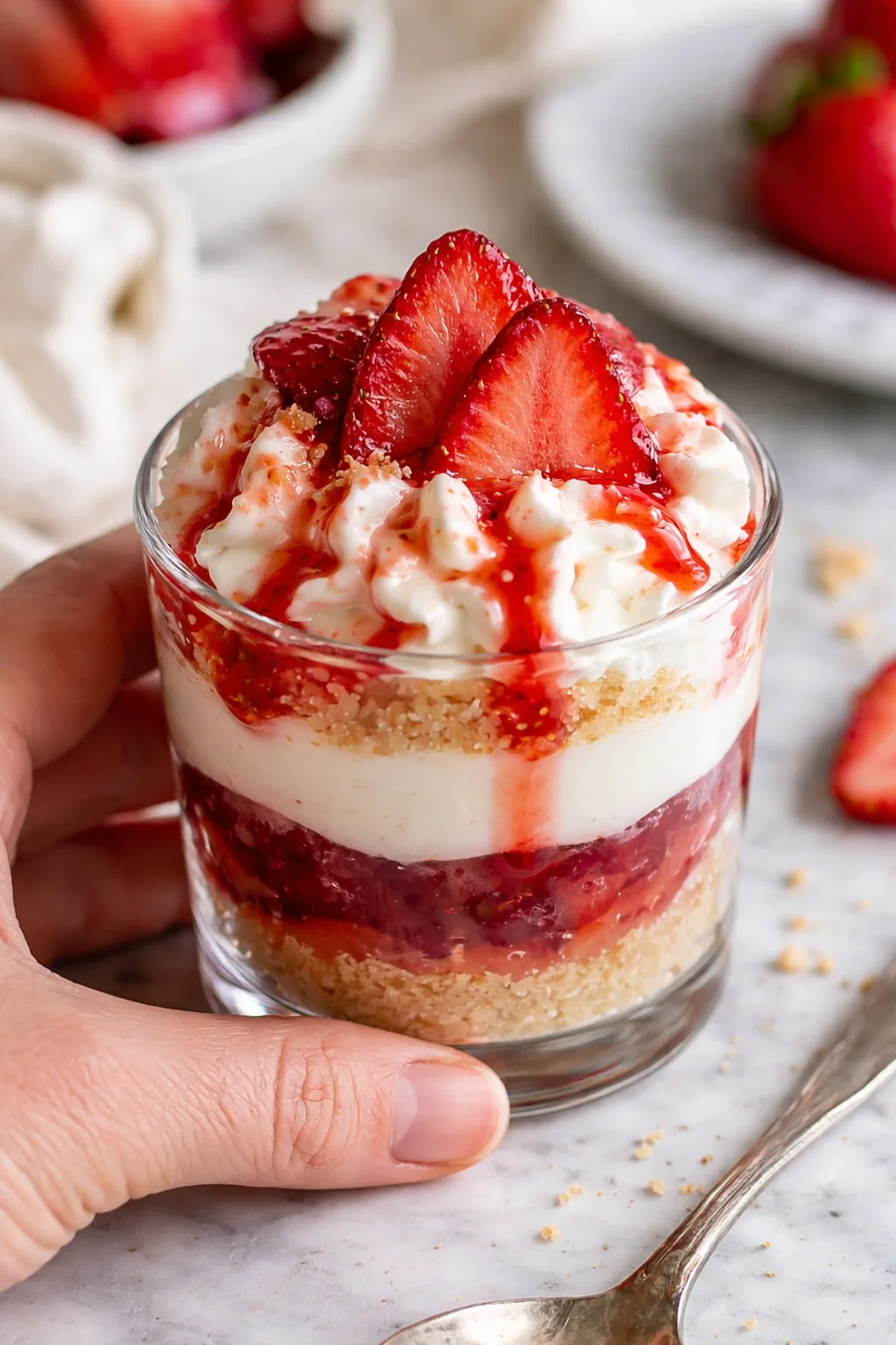 Single plated variation of Strawberry Cheesecake Cups Recipe shown in a natural kitchen scene