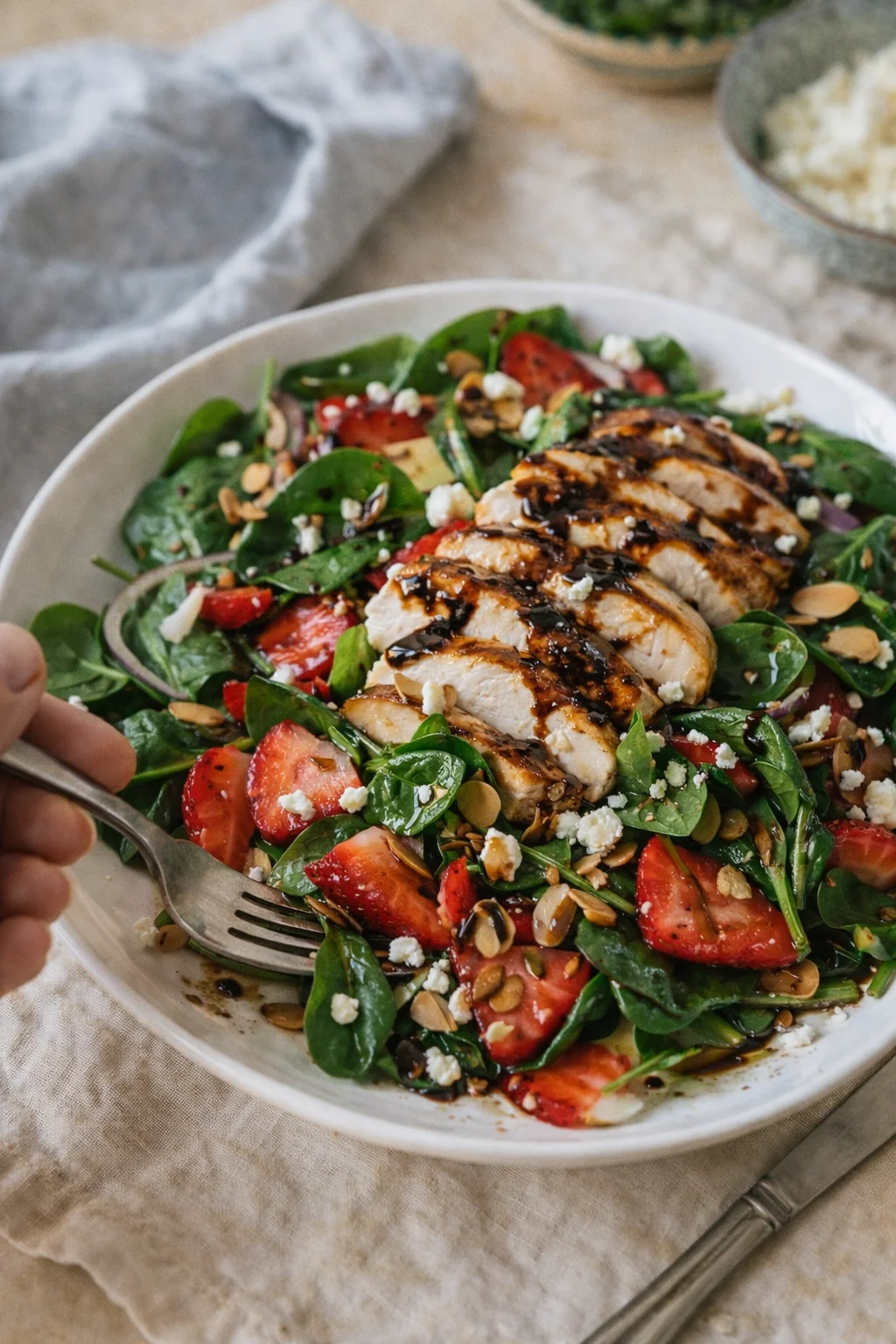 Single plated variation of Strawberry Spinach Salad | The Mediterranean Dish shown in a natural kitchen scene