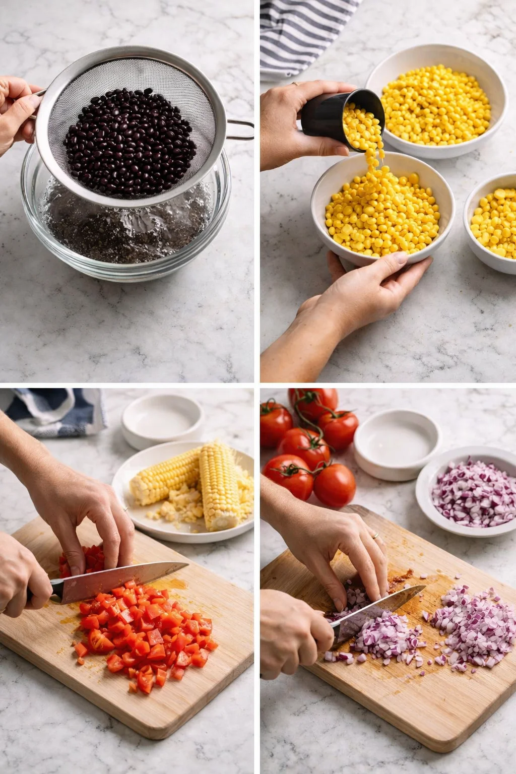 Colander of rinsed black beans, bowls of prepared corn, diced tomatoes, and finely chopped red onion.