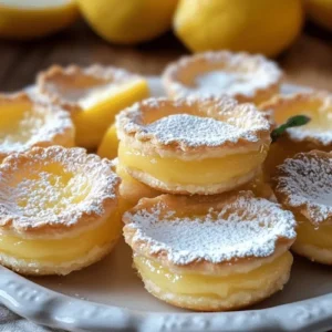 Mini lemon impossible pies dusted with powdered sugar and garnished with lemon slices and mint on a rustic serving platter.