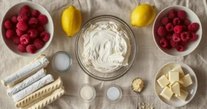 Ingredients for White Chocolate Raspberry Tiramisu including mascarpone and raspberries