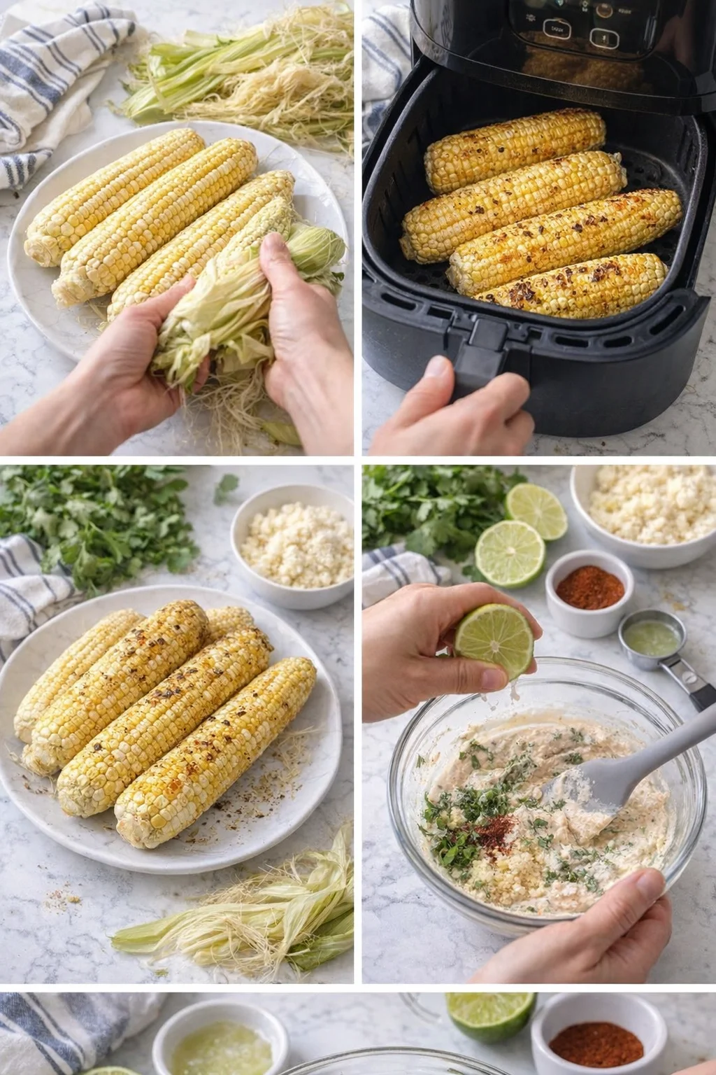 collage of corn on the cob being prepared: peeling, air-frying, and serving with lime-dip.
