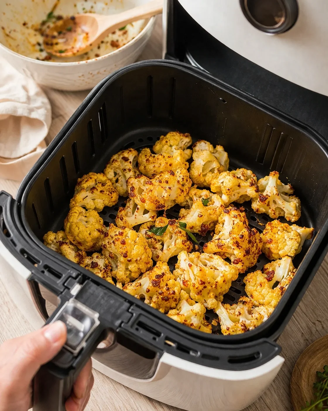 Golden-brown roasted cauliflower florets in an air fryer basket on a wooden countertop