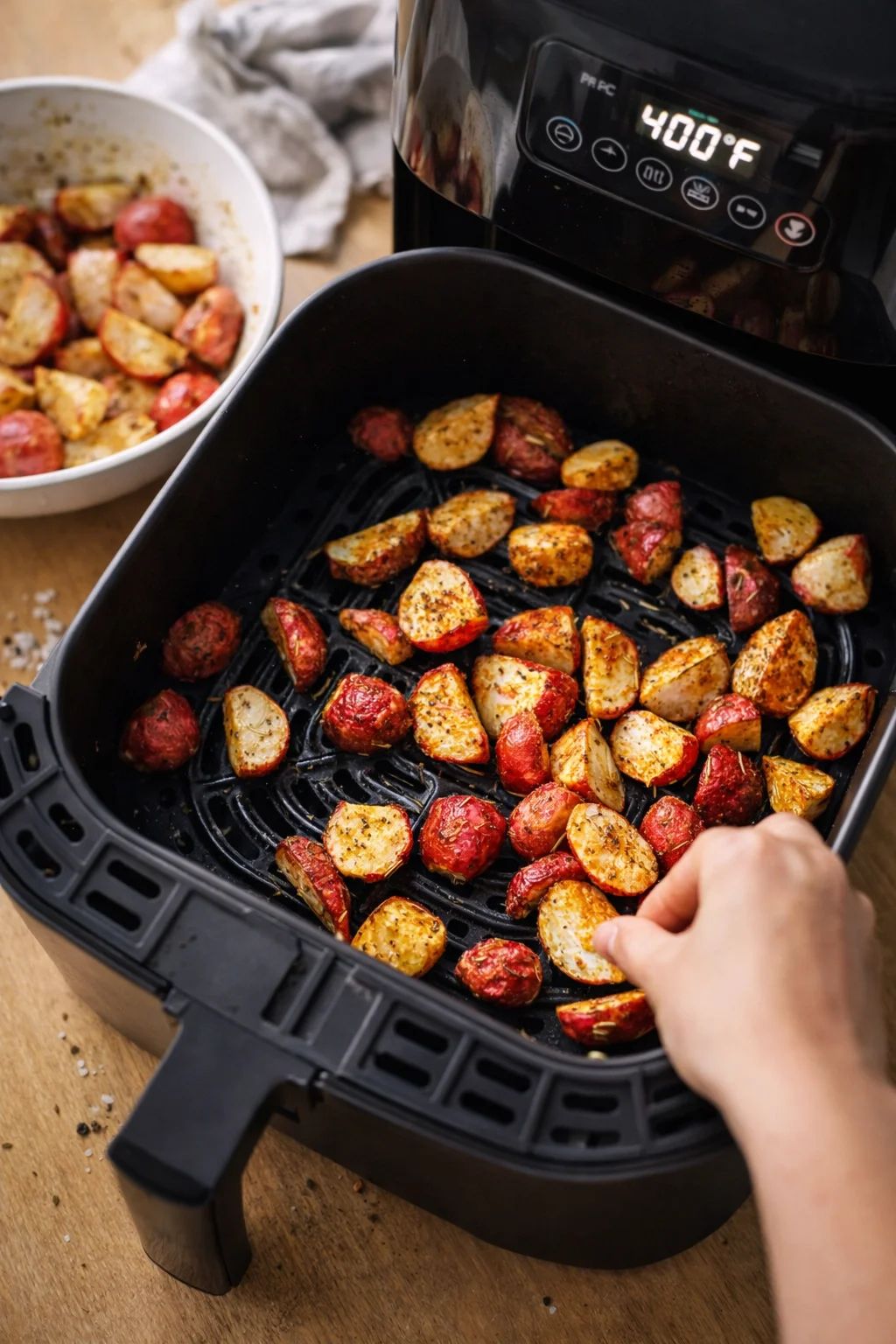hand placing seasoned potato wedges in an air fryer; tray filled with golden potatoes.