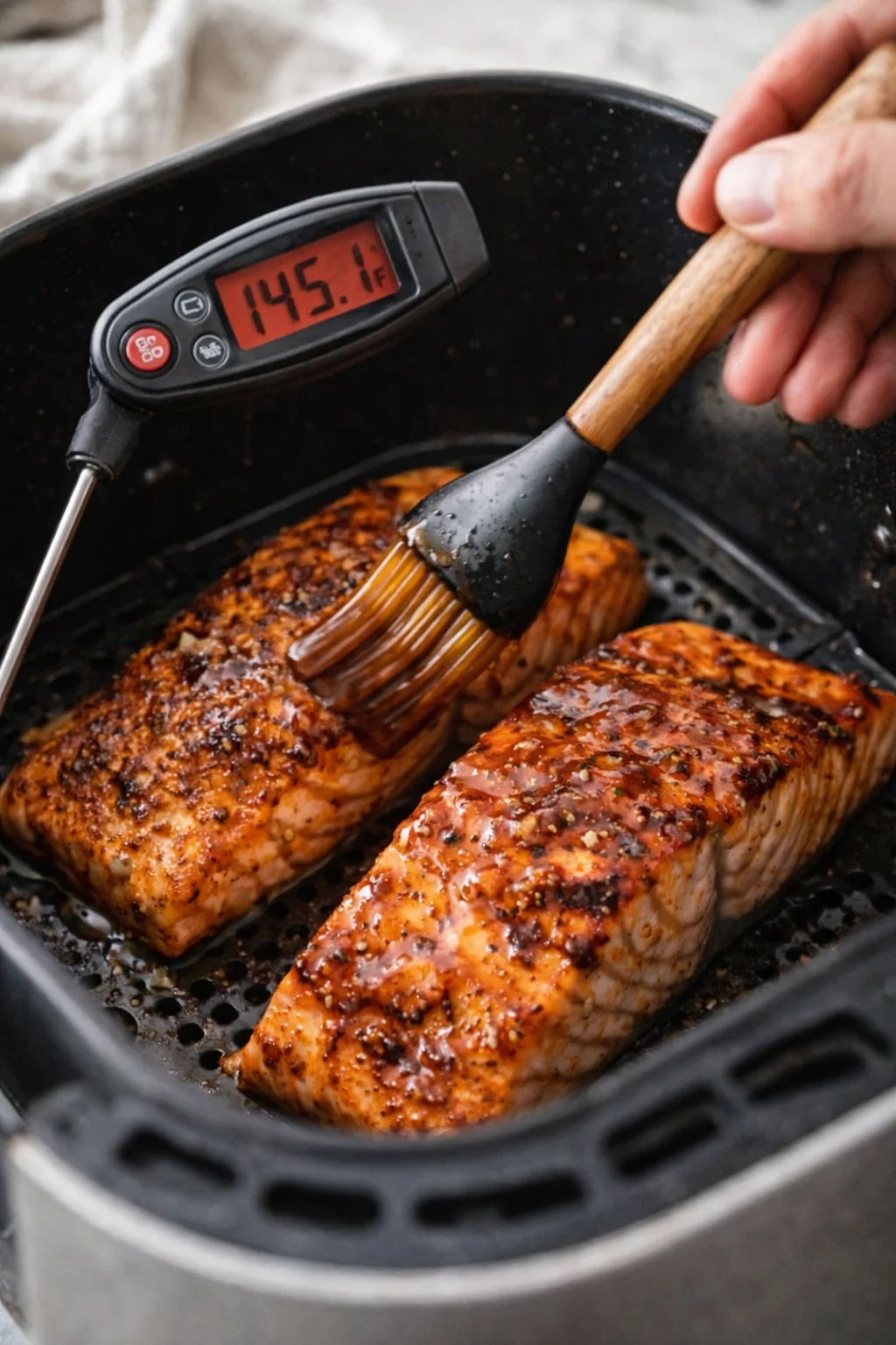 two salmon fillets in an air fryer being glazed, thermometer readout nearby