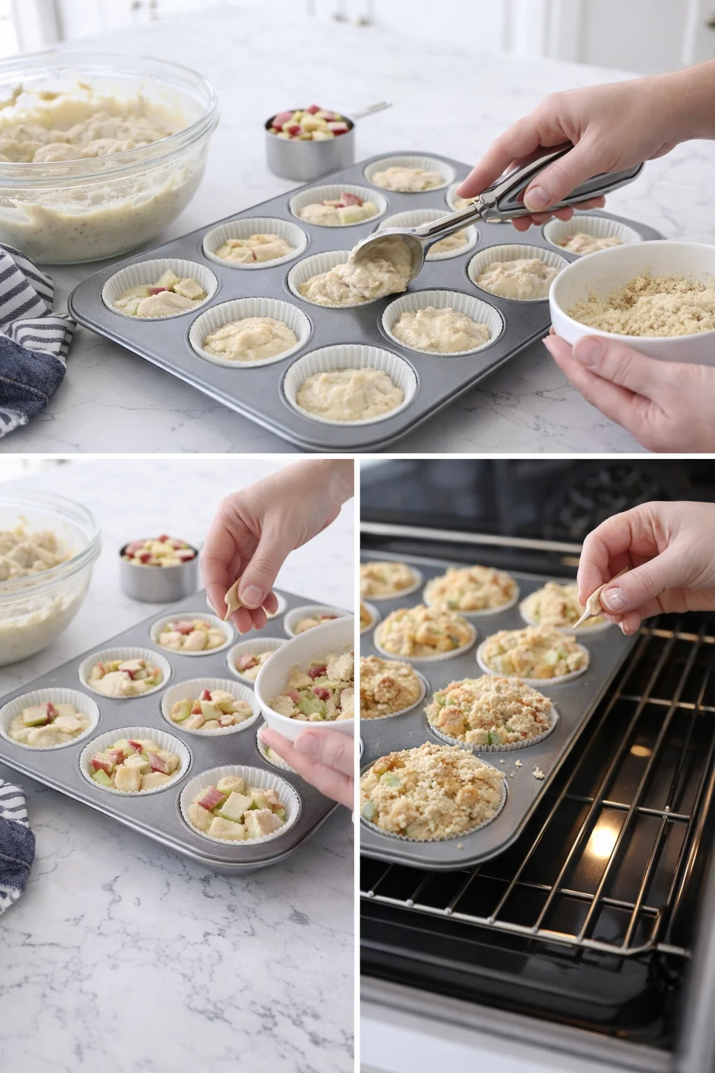 Hands scoop batter into muffin cups while diced apples and crumb topping nearby.