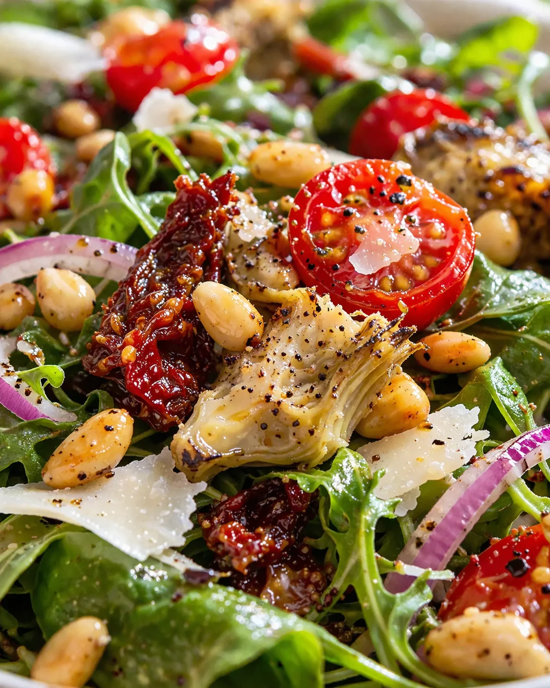 close-up of fresh arugula with cherry tomatoes, artichoke hearts, red onion, pine nuts, and shaved parmesan