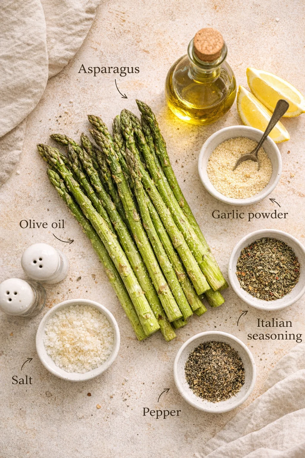 Fresh asparagus arranged on a beige textured surface with olive oil, lemon wedges, and bowls of salt, pepper, garlic powder, and Italian seasoning.