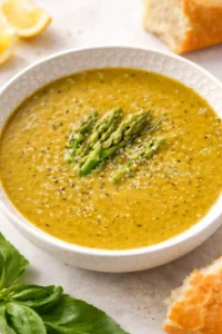 bowl of golden squash soup topped with asparagus spears on a textured white bowl.