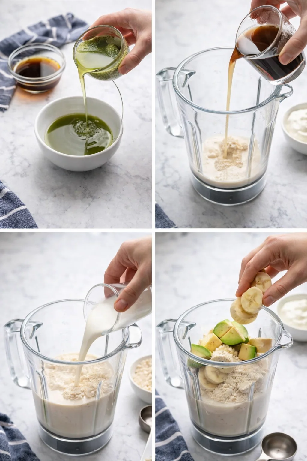 Four-panel collage showing the steps to assemble a smoothie bowl with matcha, oats, milk, banana, and avocado.