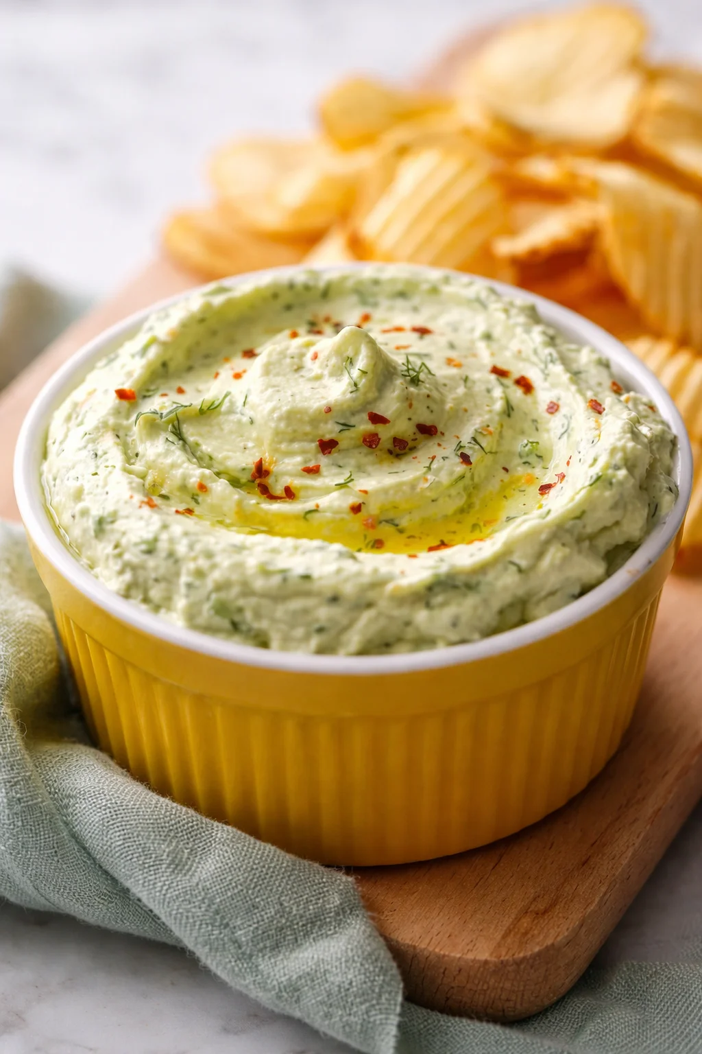 Creamy green avocado-herb dip in a yellow ramekin, with olive oil drizzle and chips.