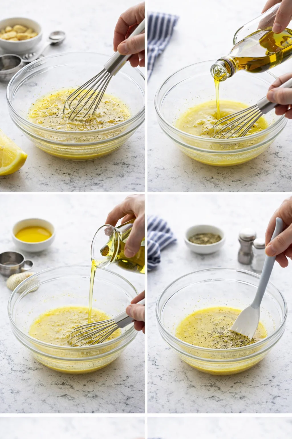 Whisk combining lemon juice, Dijon, garlic and olive oil into a creamy emulsified vinaigrette, thyme beside.