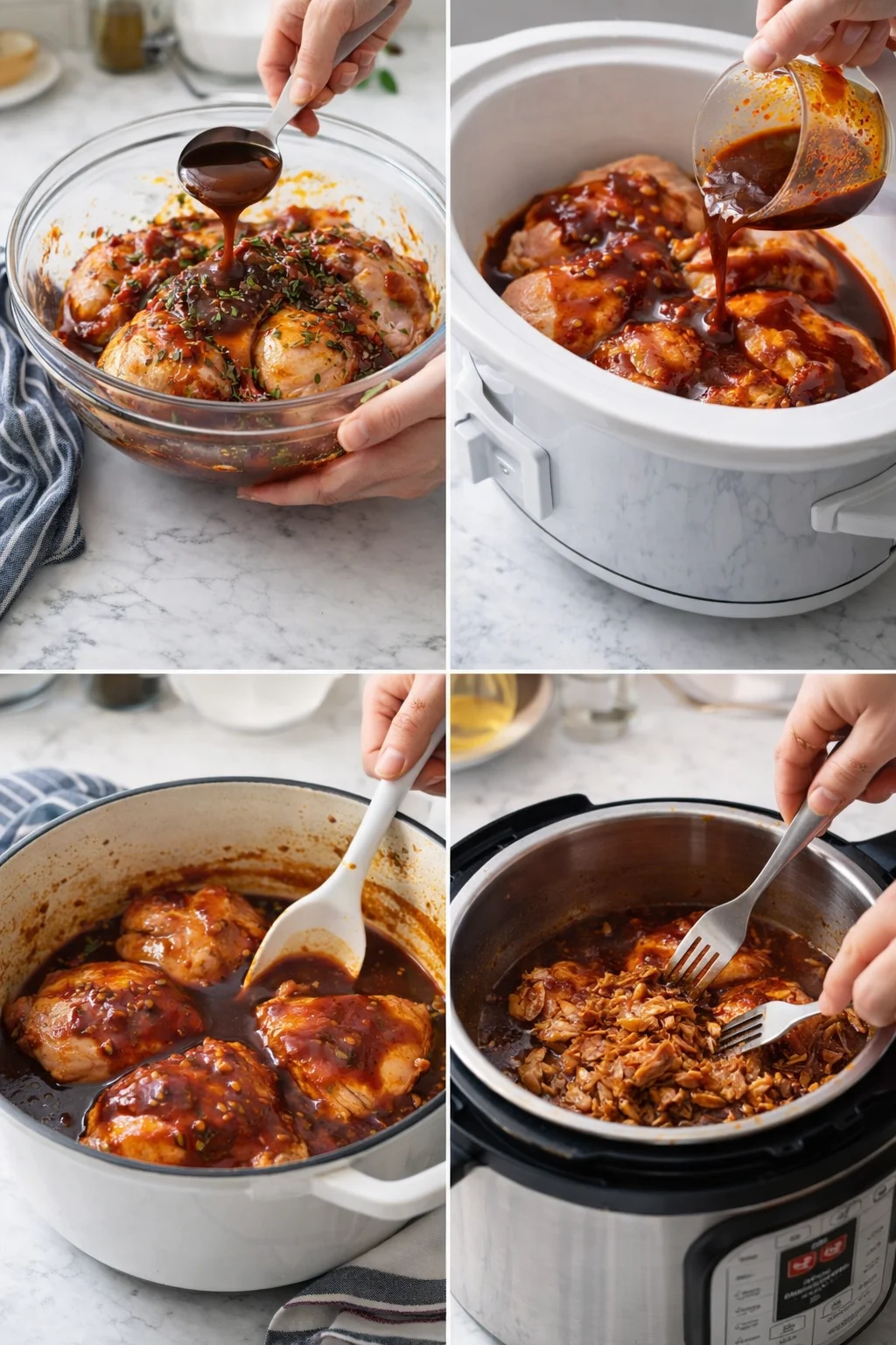 Chicken nestled in a slow cooker or pot, smothered in BBQ sauce and ready to cook