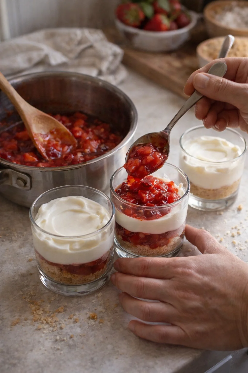 Layering cups: cream cheese filling spooned over crust, diced strawberries added, second filling layer smoothed.
