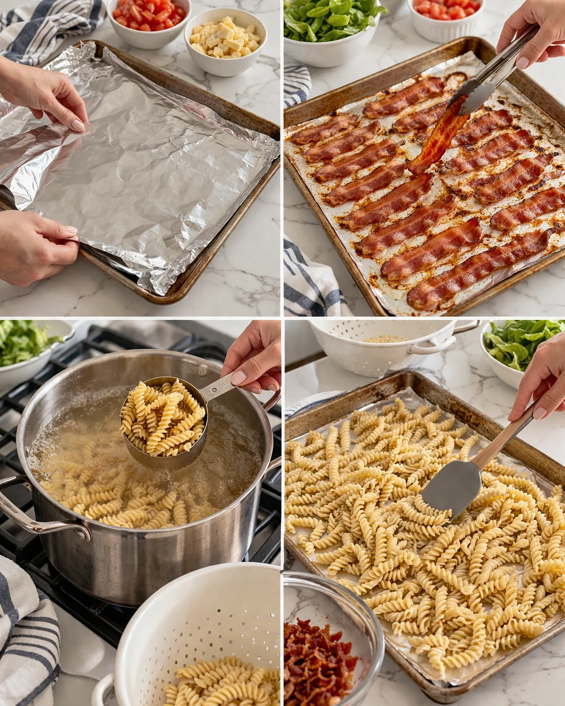 collage showing steps to prep a bacon pasta bake on a marble kitchen counter