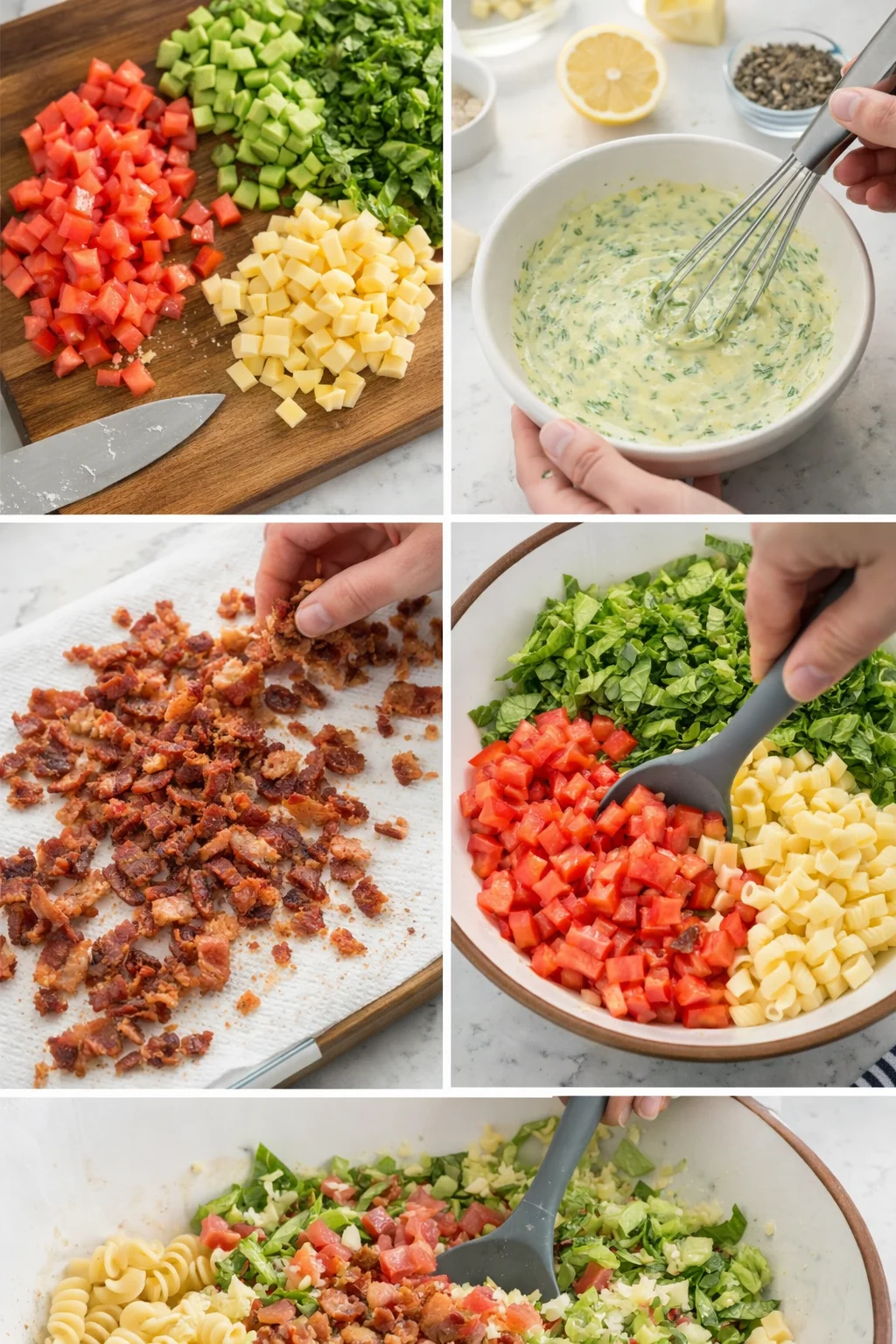 collage of chopped peppers, cheese, bacon, greens, and a whisked herb sauce for pasta salad
