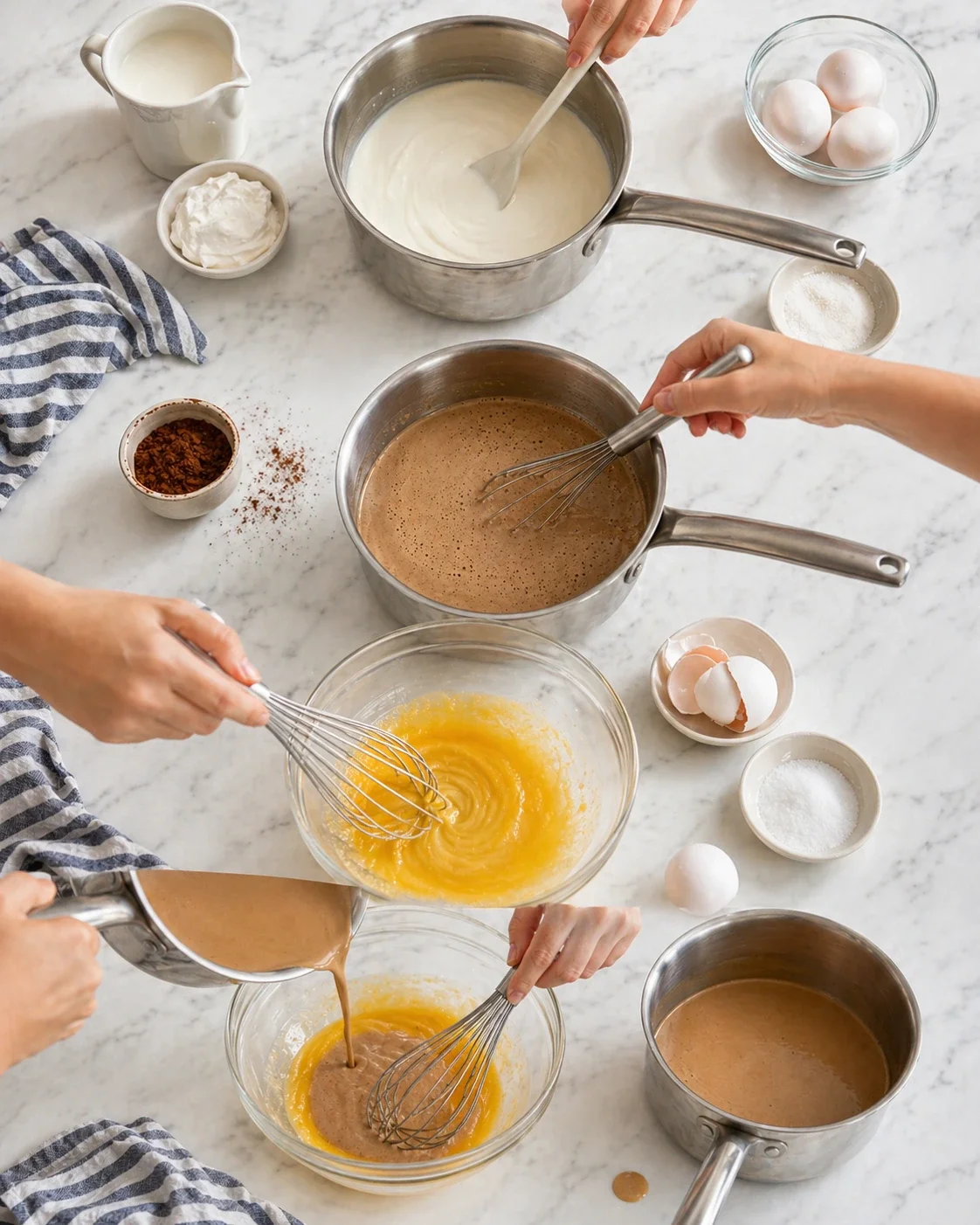 top-down view of marble counter with stainless pots, bowls of batter, eggs, and whisks.
