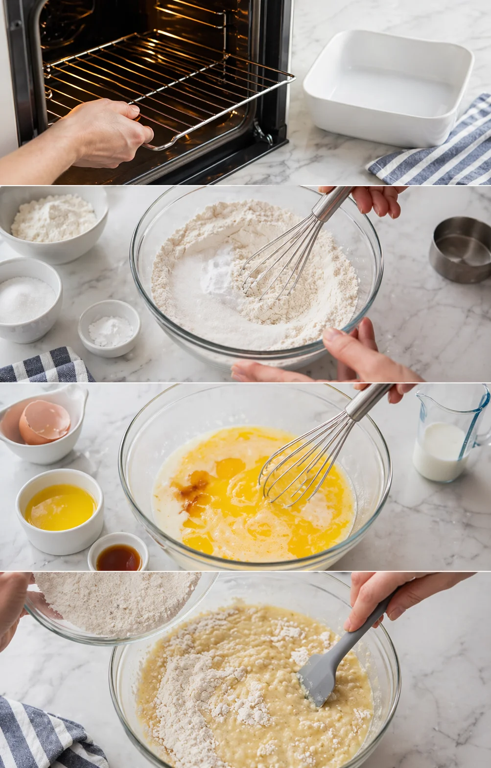 Step-by-step baking collage with hands whisking flour, eggs, and milk in glass bowls on marble counter.