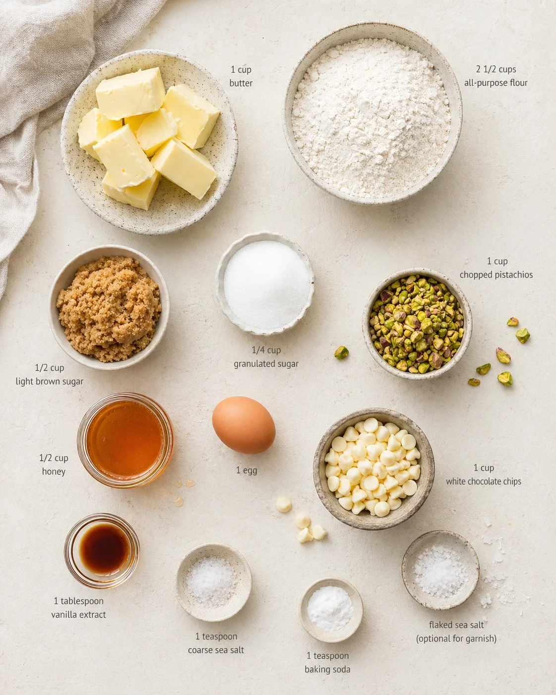 top-down view of butter, flour, sugars, pistachios, white chocolate chips, and eggs arranged in bowls