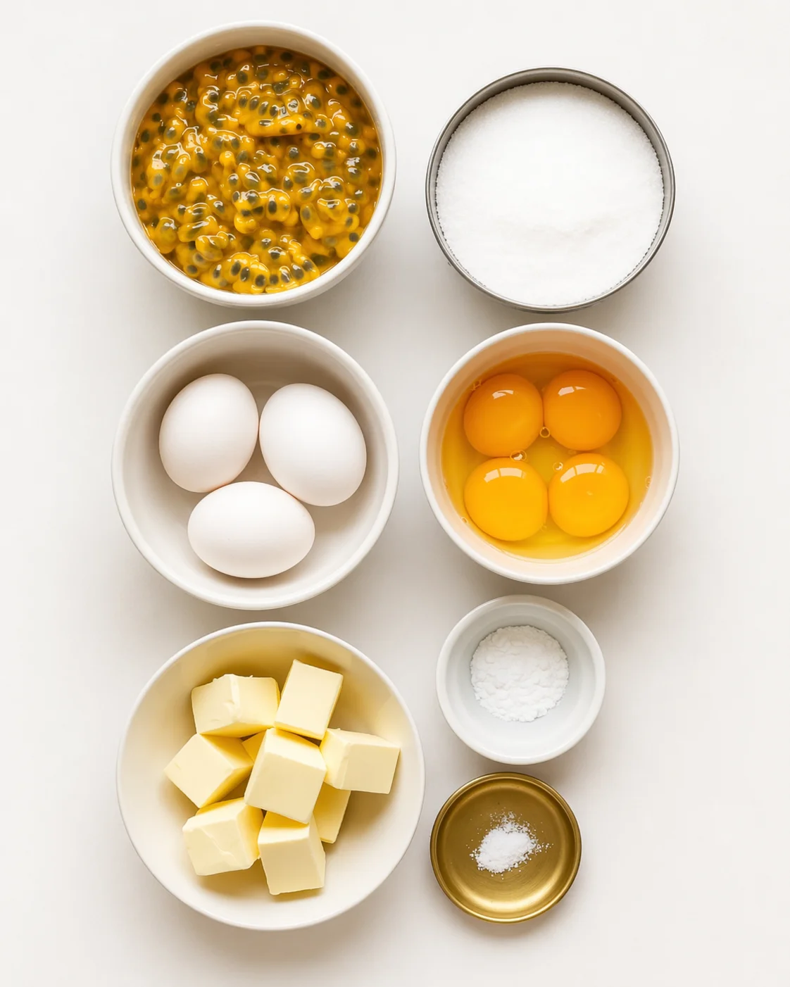 Overhead view of bowls with passion fruit pulp, sugar, eggs, yolks, butter, flour, and salt.