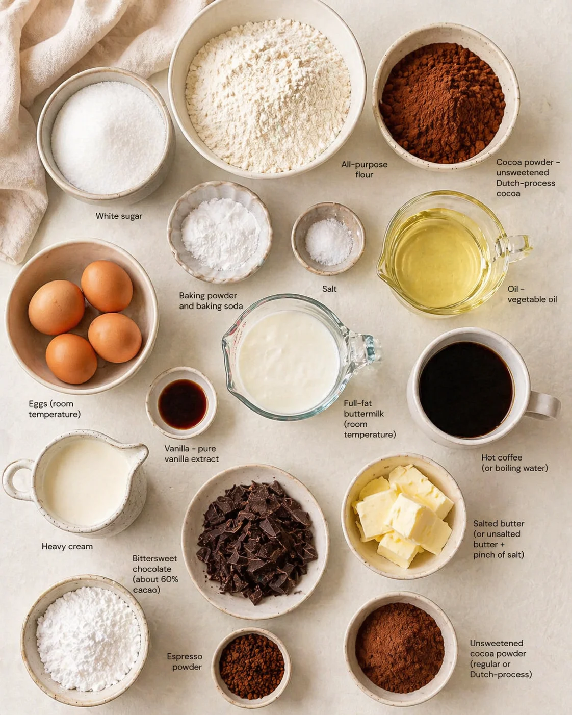 top-down view of baking ingredients arranged in labeled bowls for a recipe