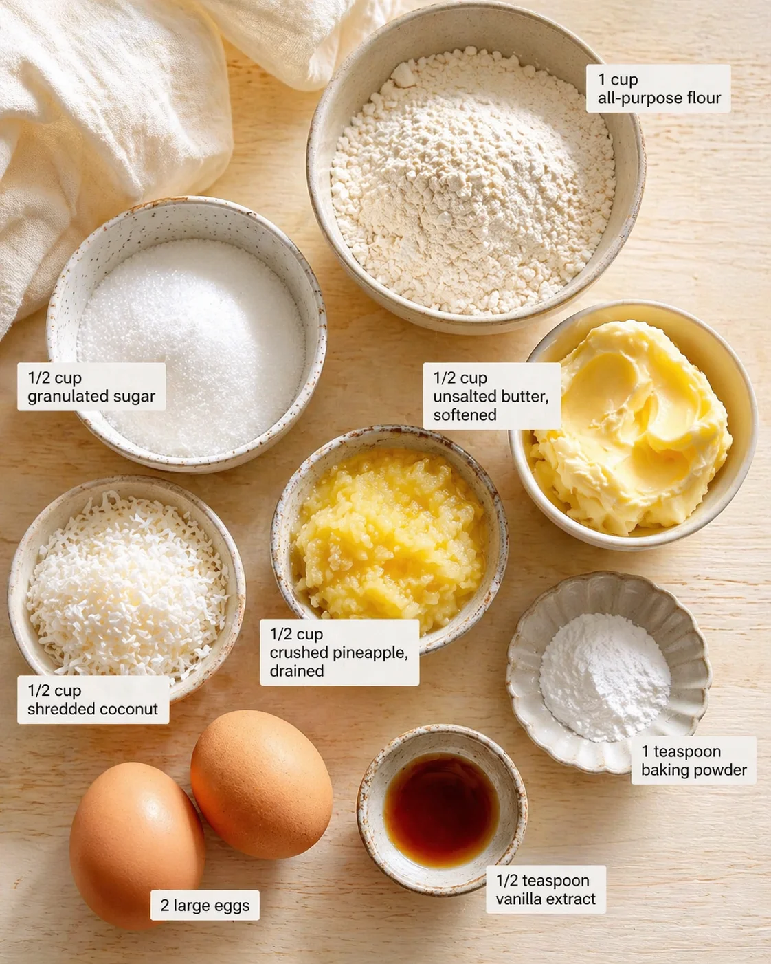 Top-down view of bowls with flour, sugar, butter, coconut, pineapple, eggs, and vanilla on a wooden surface.