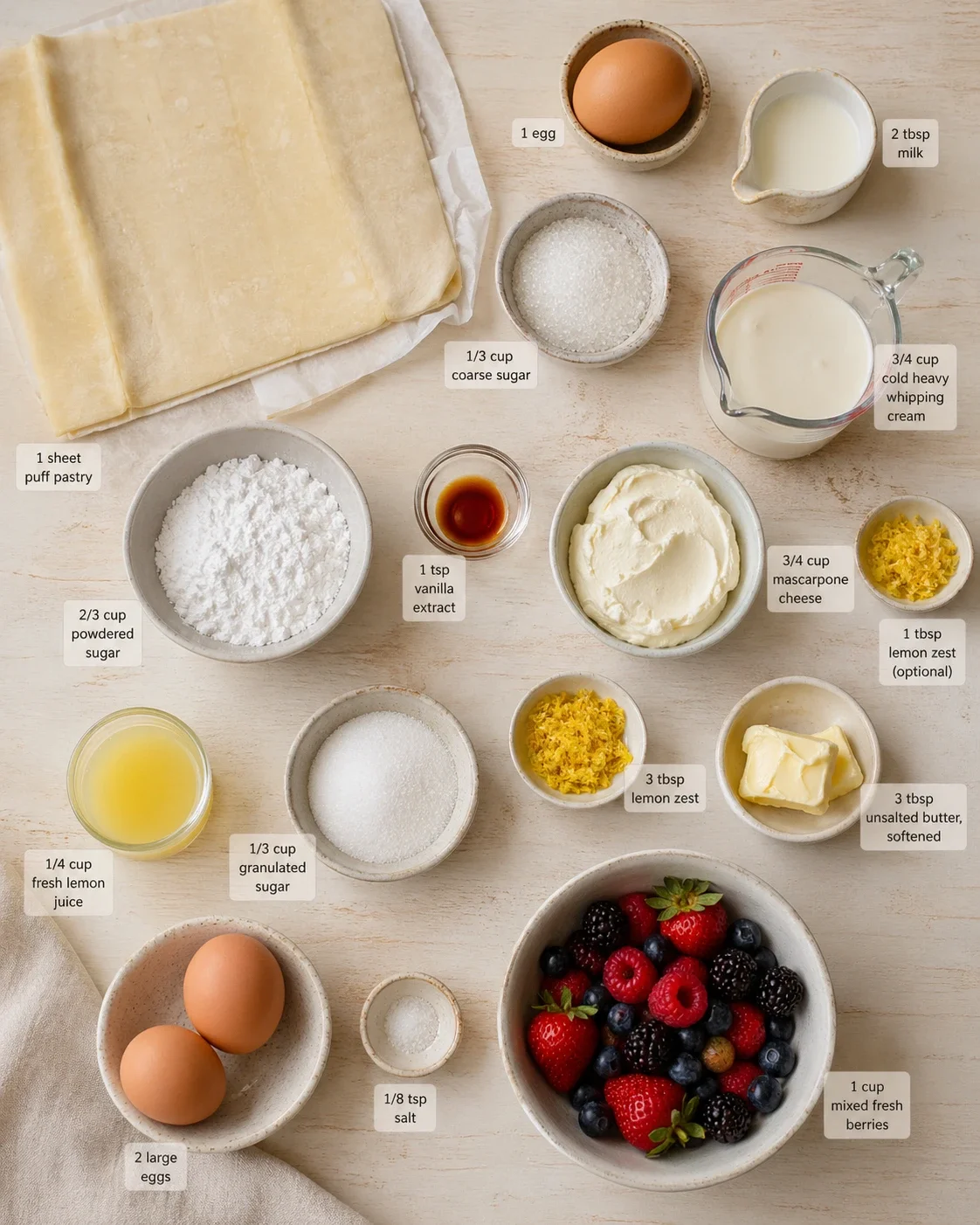 Top-down view of baking ingredients arranged on a wooden surface with measurement labels