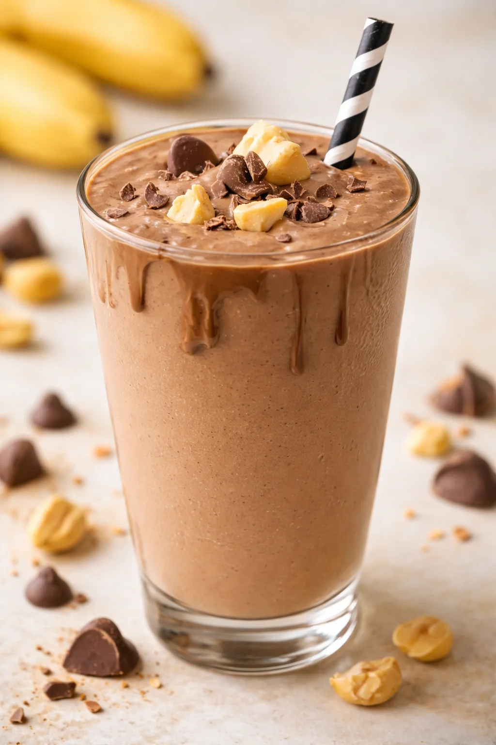 Tall glass of chocolate banana milkshake topped with chocolate chunks and peanut pieces, striped straw beside blurred bananas.