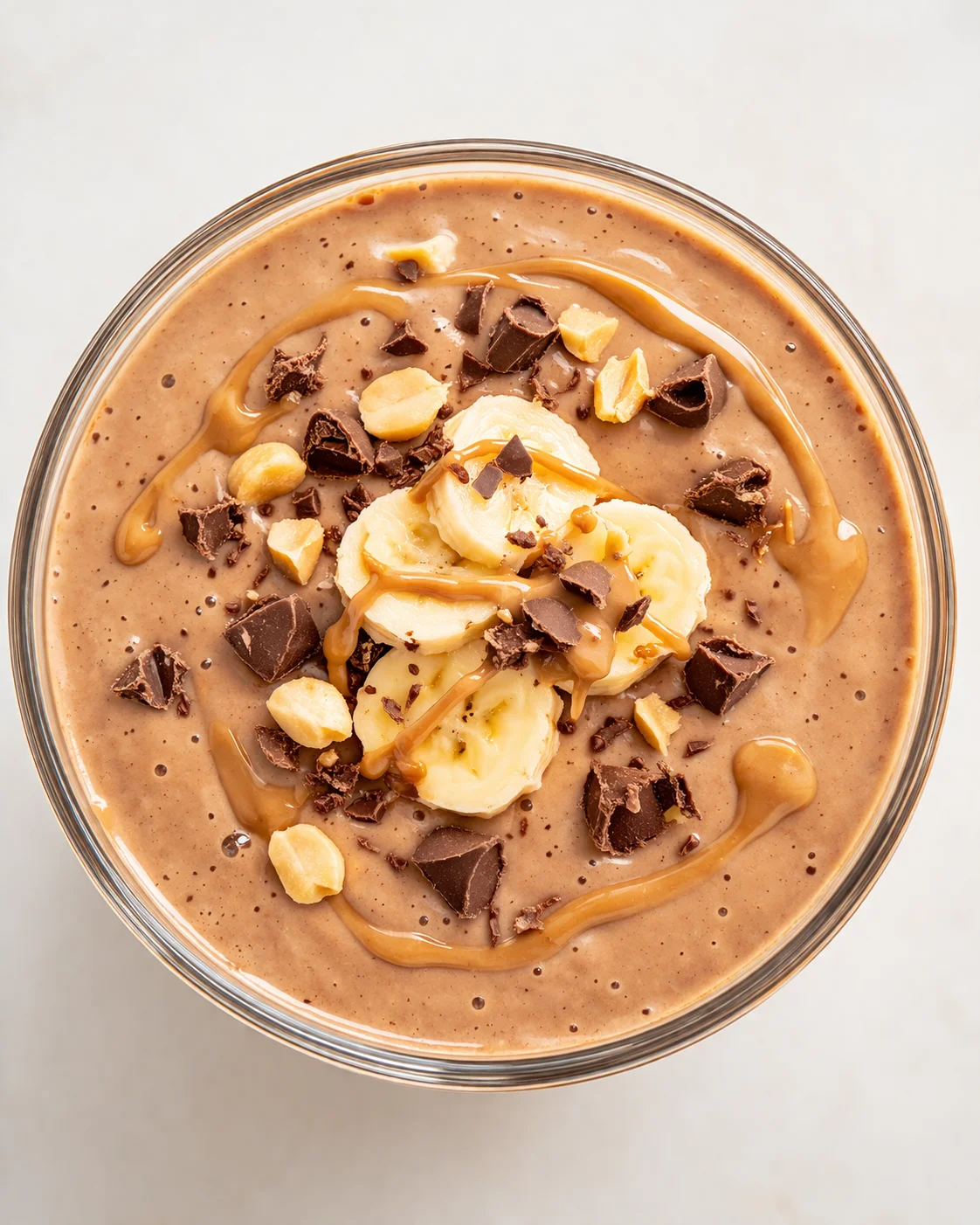 top-down view of a chocolate banana smoothie bowl topped with caramel drizzle, banana slices, and chocolate chunks