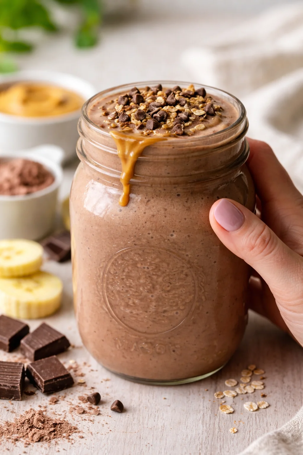Close-up of a chocolate banana smoothie in a mason jar topped with chocolate chips and oats.