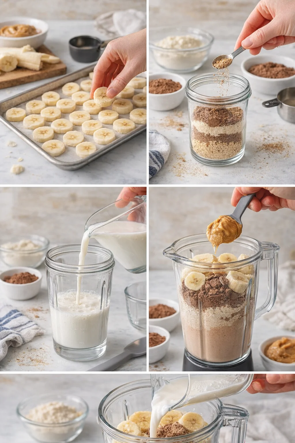 collage showing banana-slices and dry ingredients being prepared for a banana-oat-peanut-butter smoothie