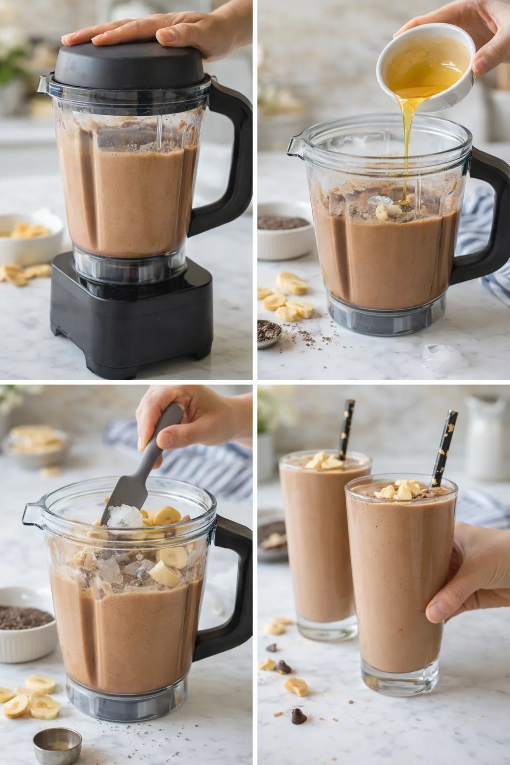 collage showing blender making banana-peanut-butter smoothie, pouring honey, adding mix-ins, and two finished drinks