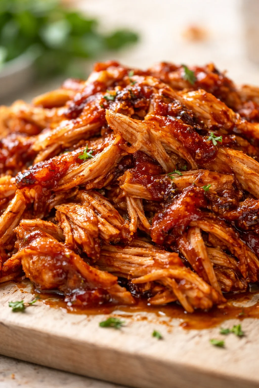 close-up of glossy barbecue shredded pork piled on a wooden board with parsley