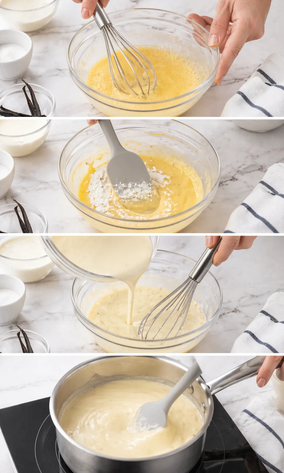 Four-panel collage showing batter-prep steps: whisking eggs, adding dry ingredients, pouring liquids, and cooking on the stove.