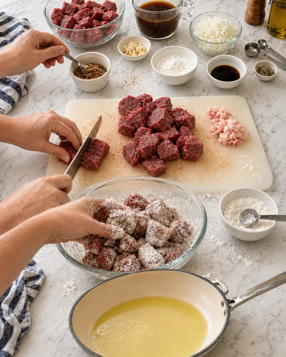 Hands dice raw beef on cutting board, surrounded by bowls of onions, garlic, and sauces.