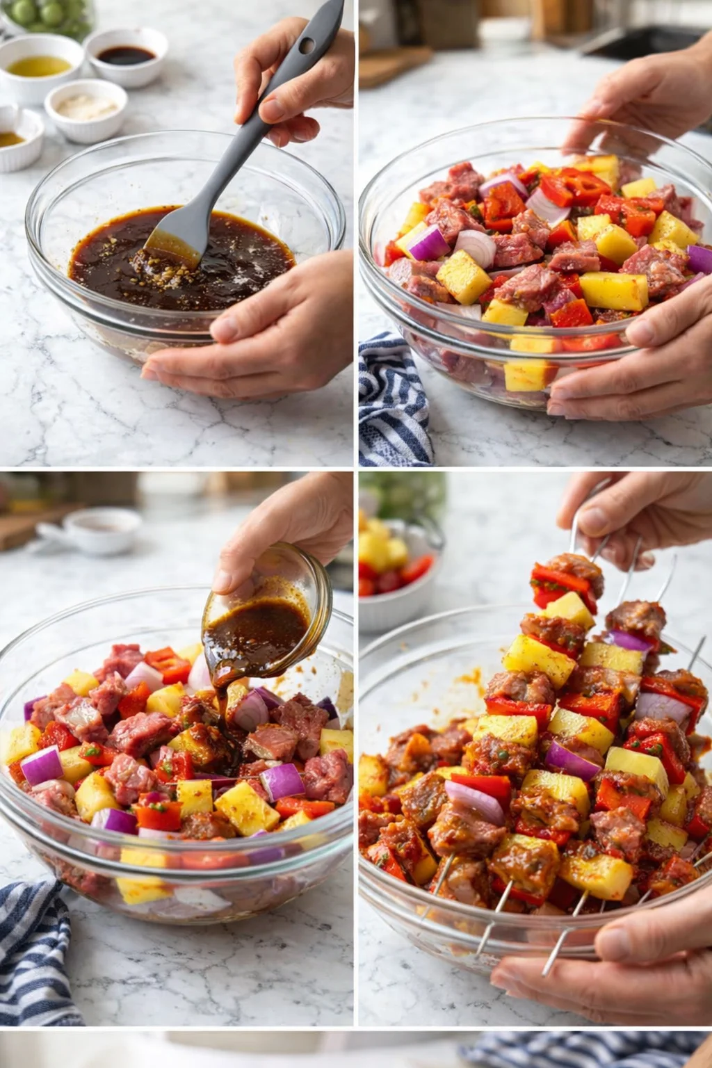 Hands brush glaze on beef mixture and arrange skewers of beef, potato, and pepper.