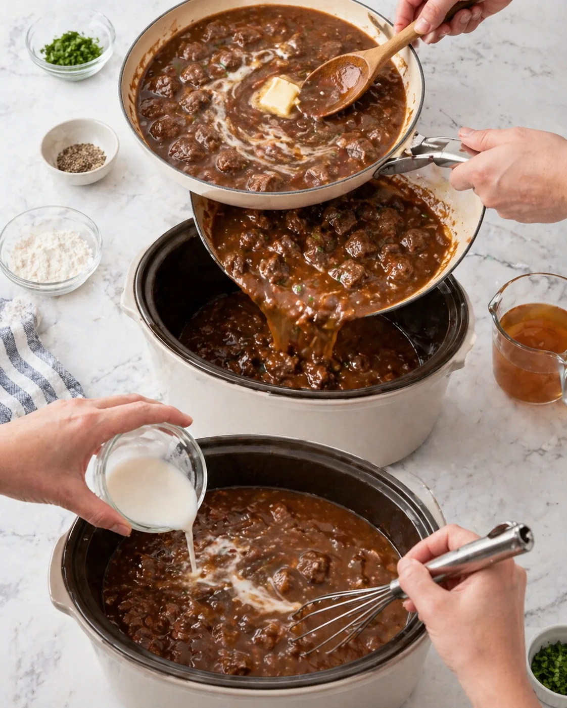Hands pour cream into beef stew while lifting sauce from a skillet over a marble counter.
