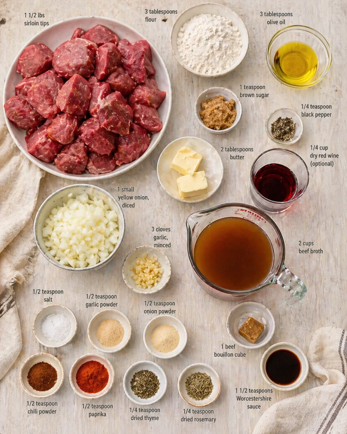 Overhead view of beef stew mise en place: cubed raw beef, onions, garlic, butter, broth, wine, and spices.