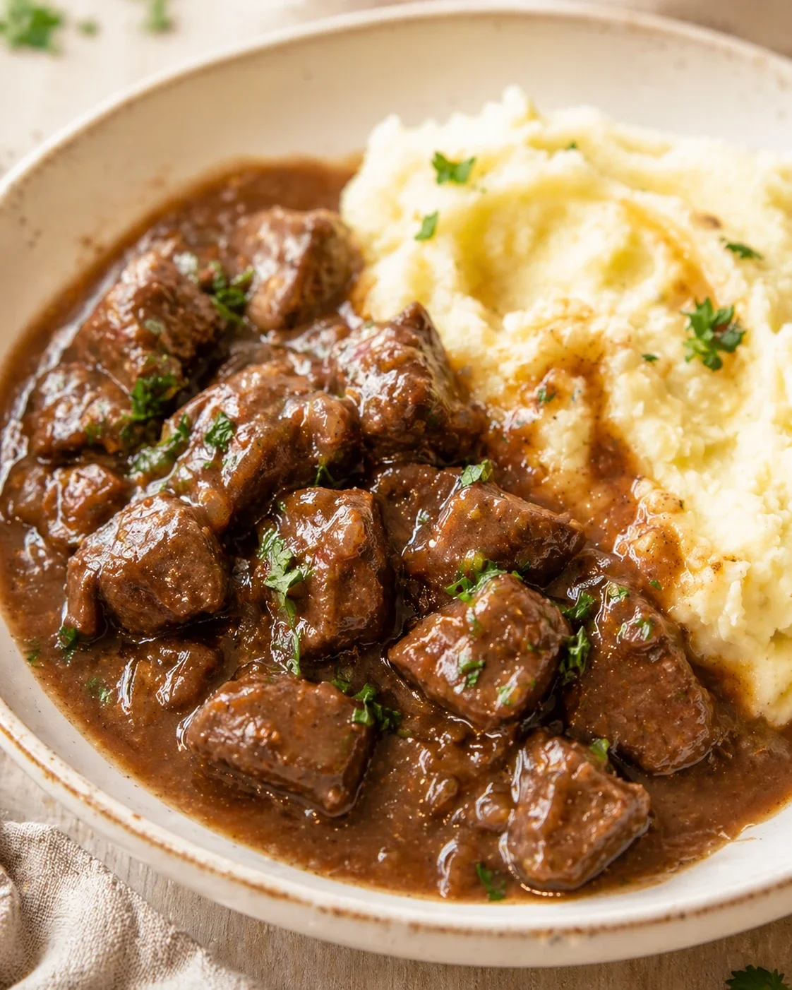 Beef stew with tender cubes in glossy gravy beside mashed potatoes in a rustic bowl.