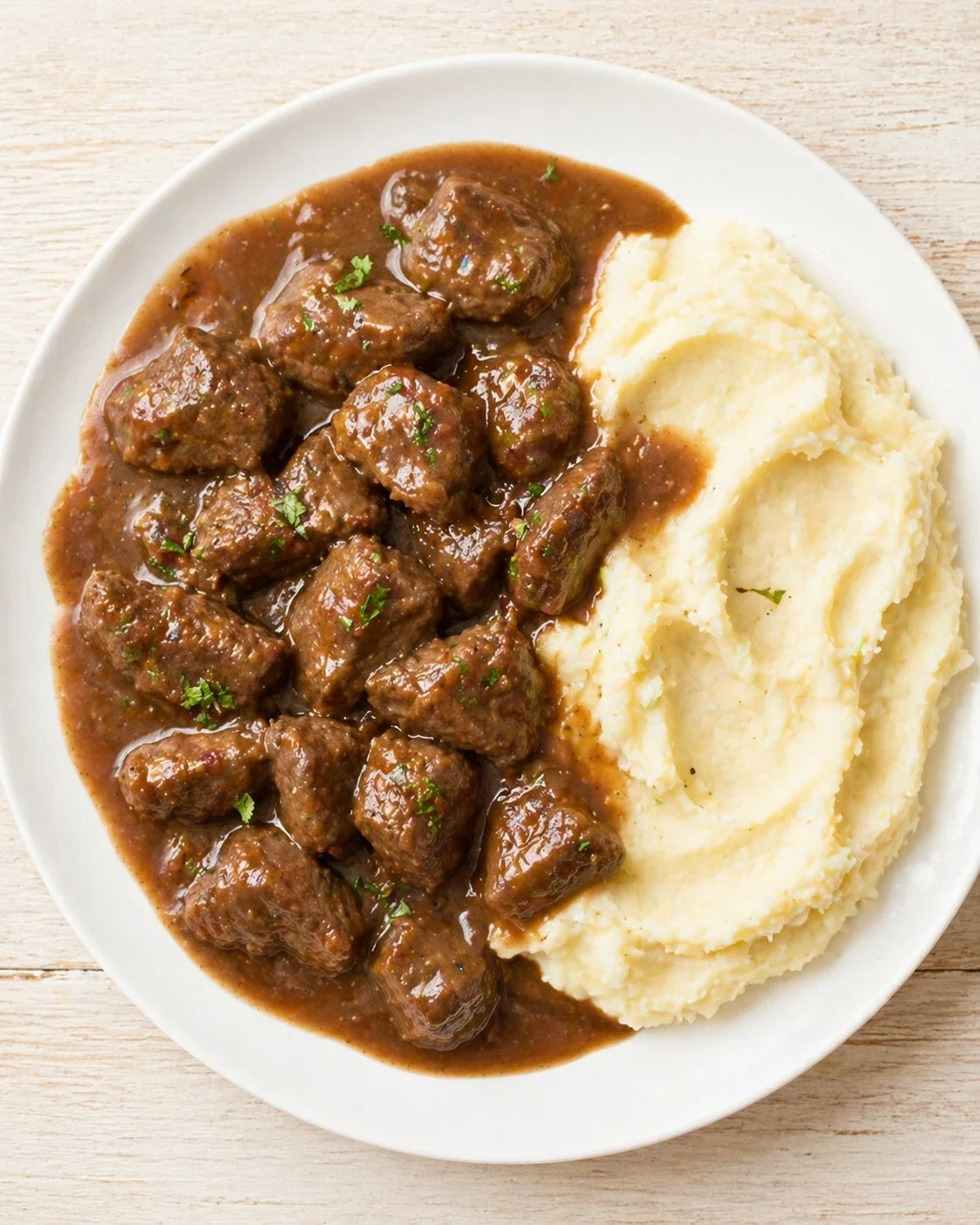 Plated beef stew in brown gravy beside a scoop of mashed potatoes on a white plate.