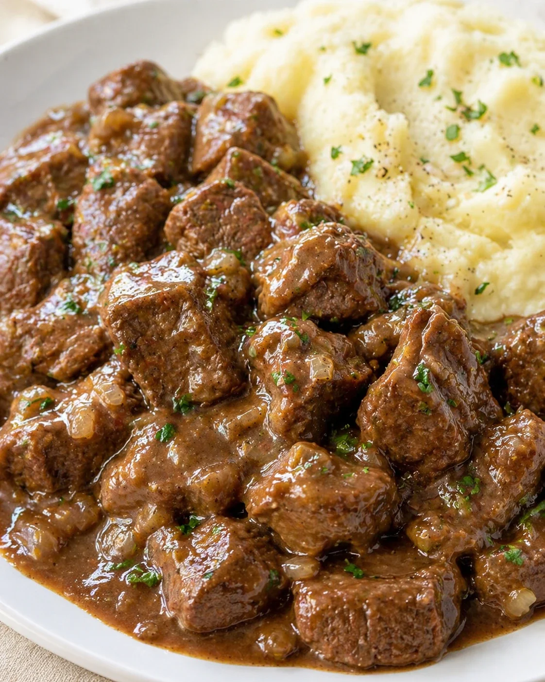 Tender beef cubes in brown gravy with creamy mashed potatoes on a white plate