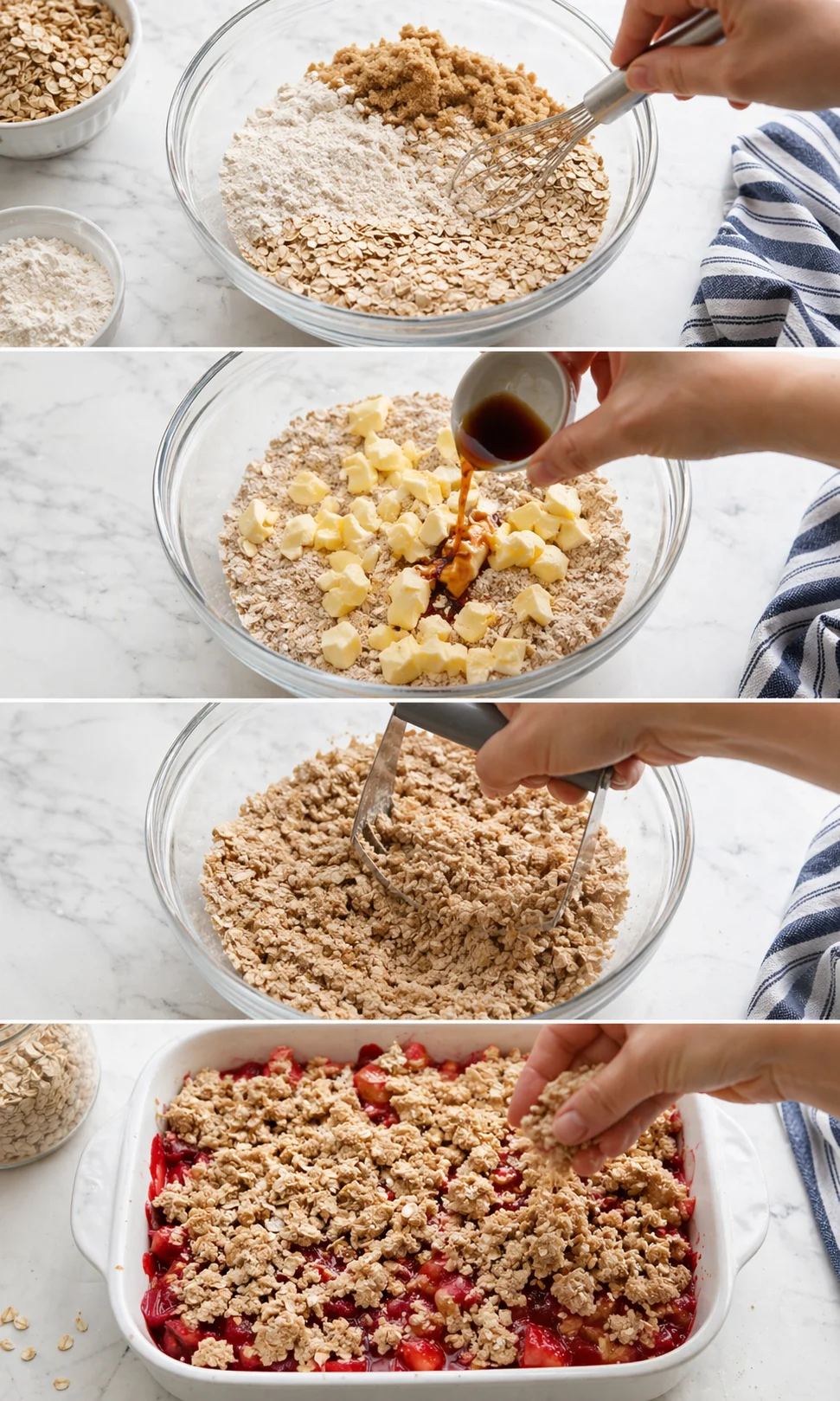 Five-panel collage of strawberry crumble being made: oats, butter, syrup, crumb formation, then baked dish.