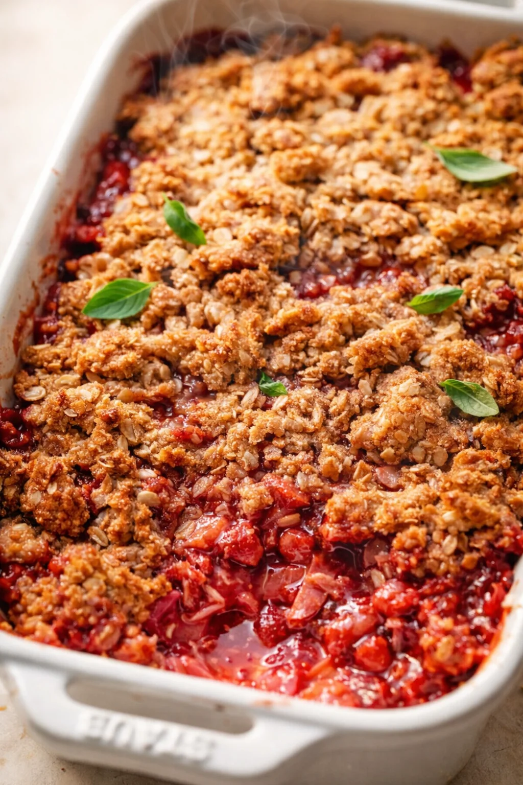 white baking dish filled with hot berry crumble, golden oat topping, steaming red fruit filling