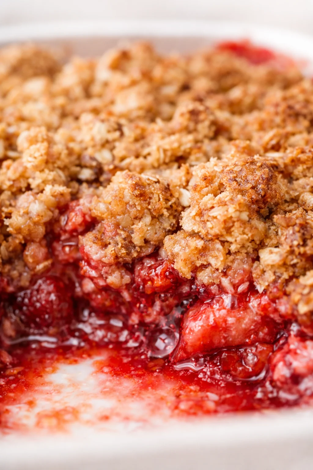 Close-up of a golden-brown berry crumble topping on bubbling red fruit filling in a baking dish.